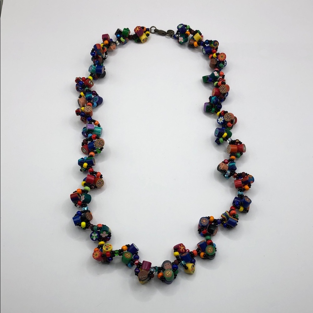 Resin millefiore style colorful faces sterling silver beaded necklace whimsy.